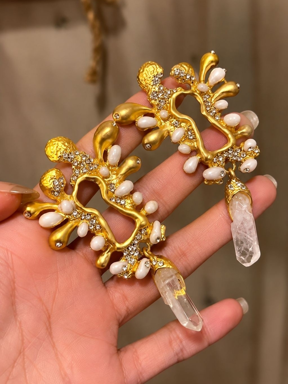 Gold and White Pearl Crystal Drop Earrings - Picture 2 of 4